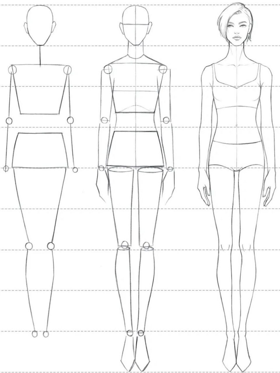 时装画模特动态画法 又见火柴人 p1:"完整女性人体正面的画法" ①标出