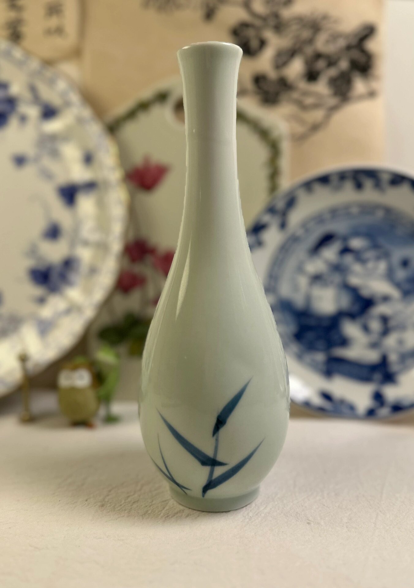 日本制|青瓷手绘竹纹观音玉颈瓶 瓶子优雅细腻,自带仙气.
