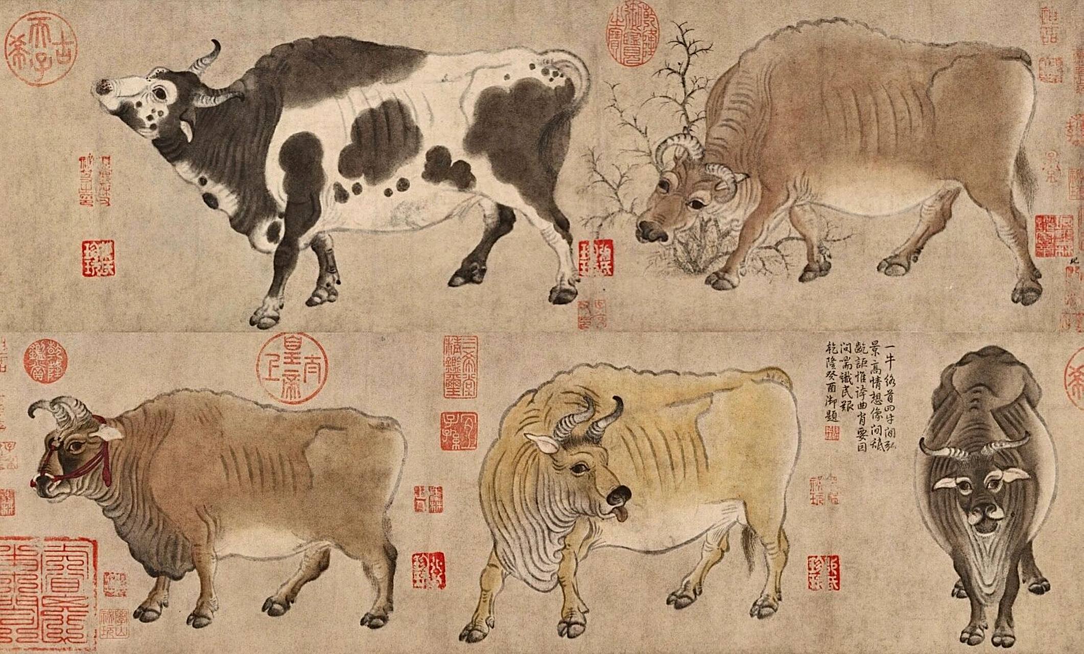100幅中国名画赏析【22】《五牛图》 画家:韩滉 创作时间:唐 尺寸:横