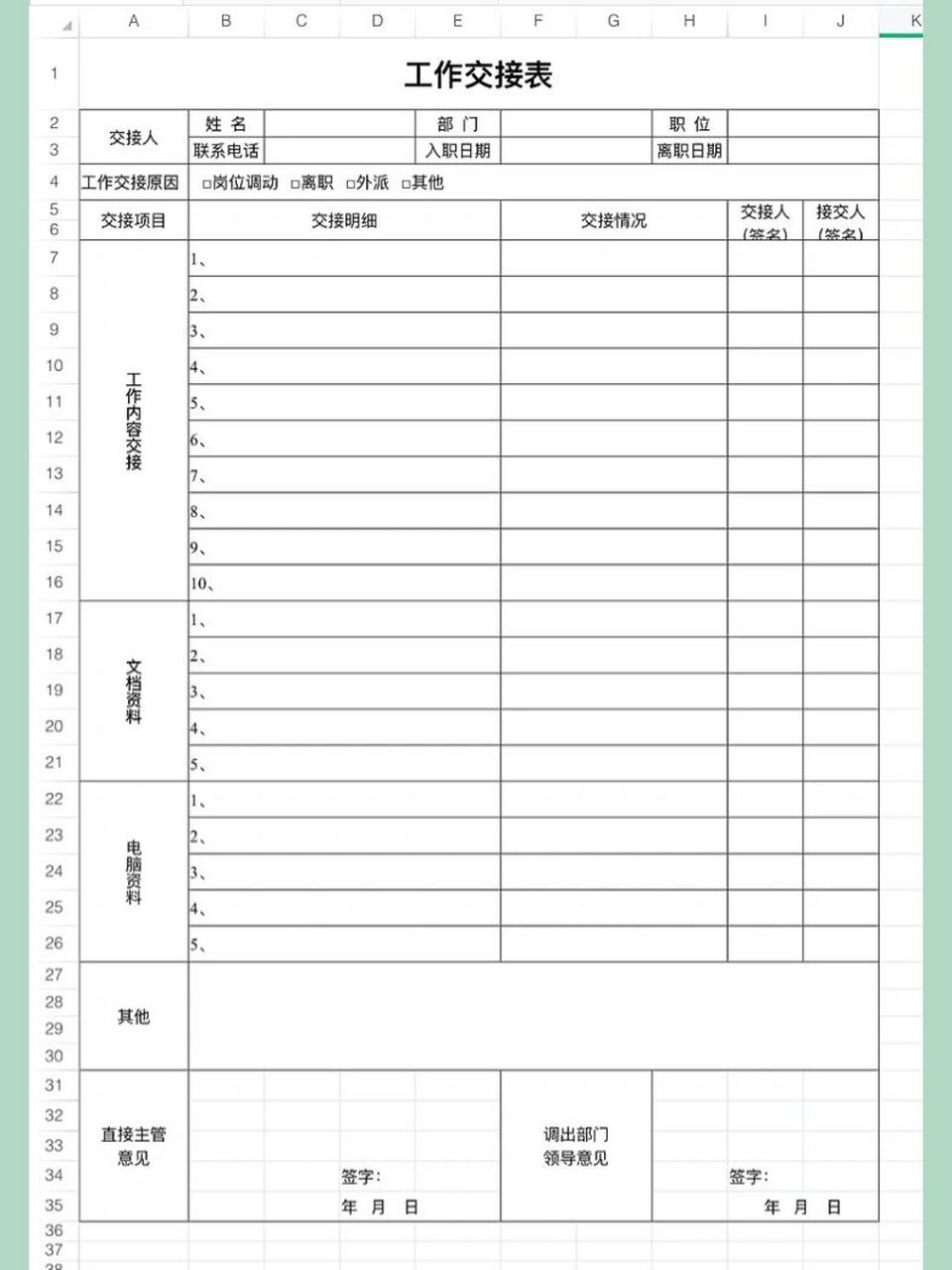 工作交接表模板 適用於轉崗,離職雙向交接 留下交接憑證 交接事項分類