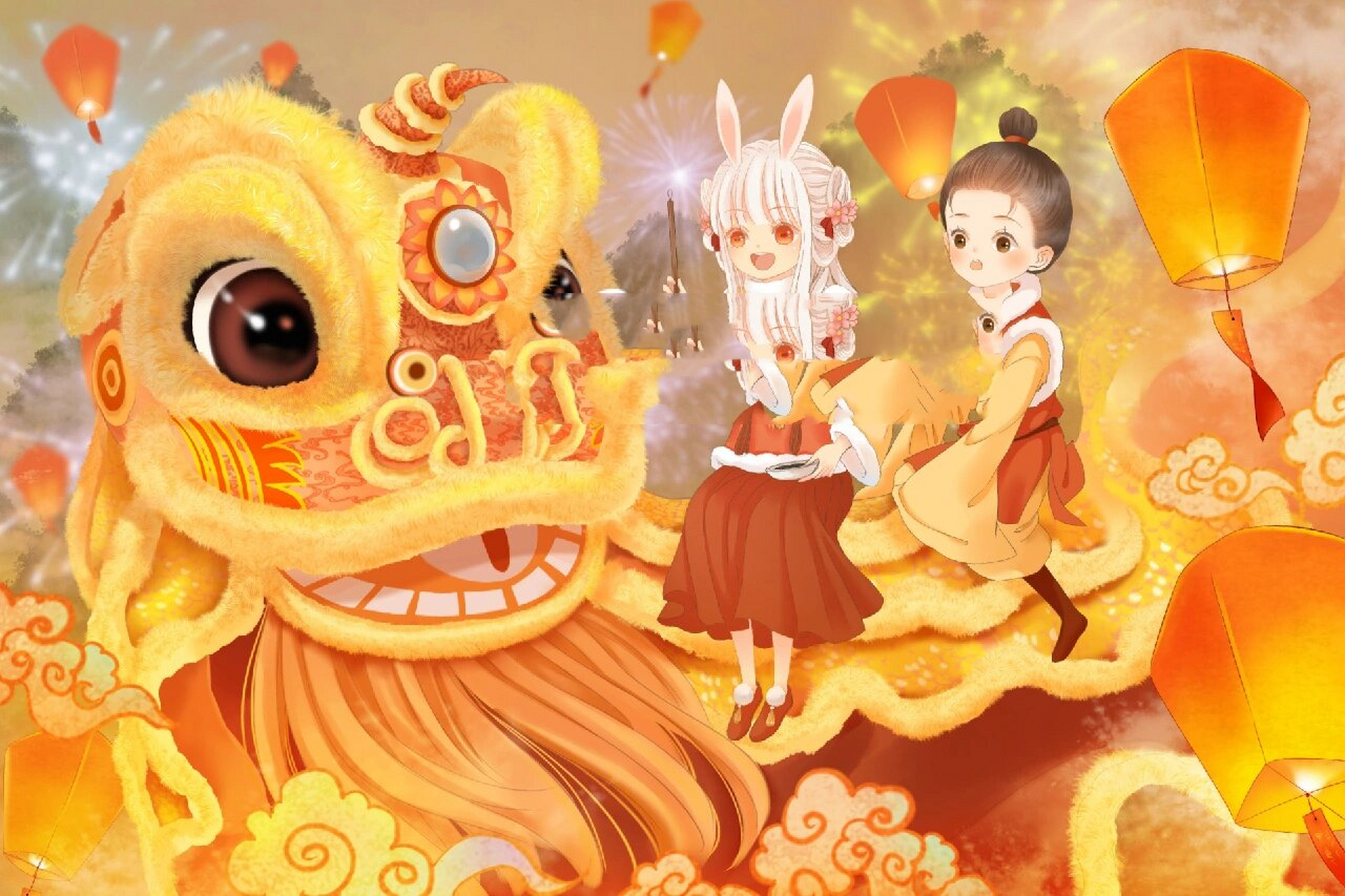 兔年插画丨新年拟人古风兔子(40) 兔子可以放炮竹,着对联吗?