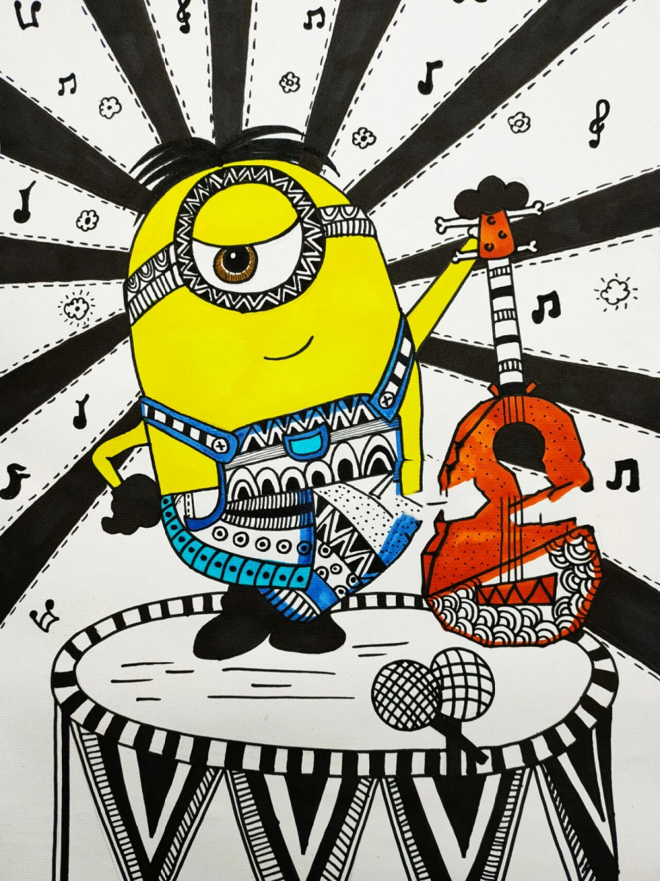 《小黄人》彩色线描 8k素描纸 马克笔绘画