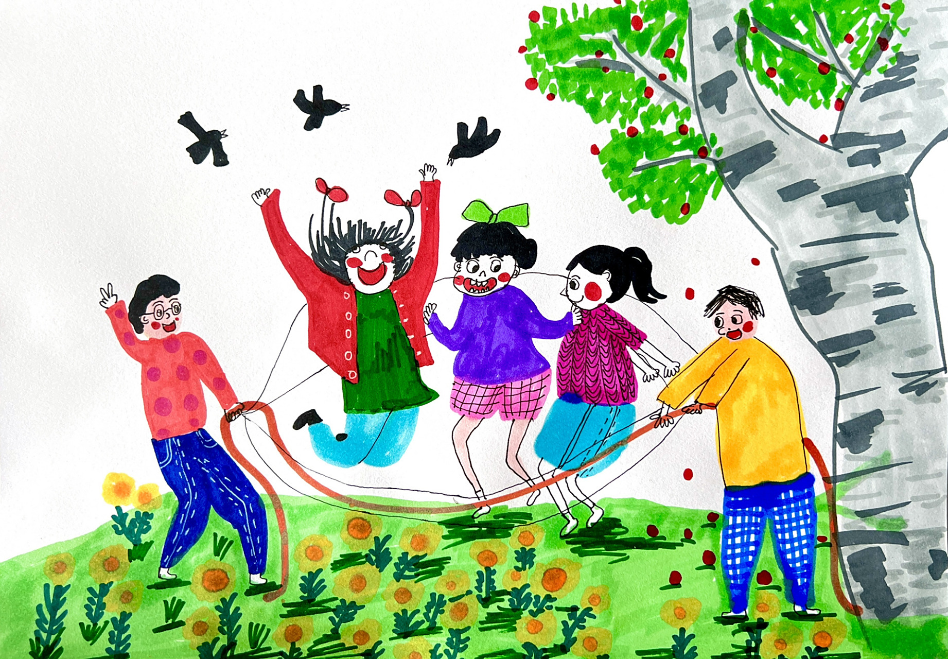 《跳大绳》创意儿童画 这样的集体活动 越来越少见了