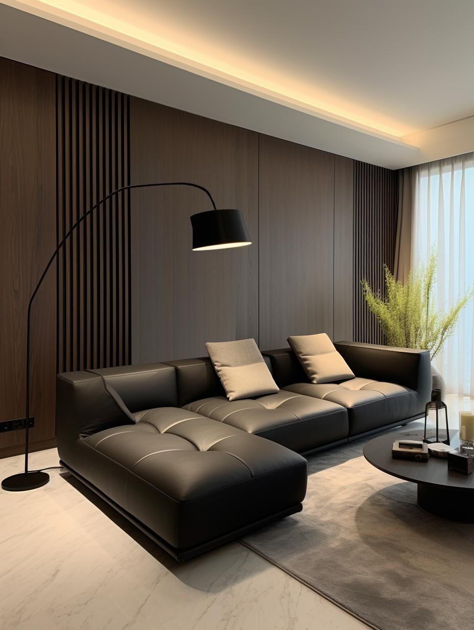 整体风格意式极简 搭配深色暗黑基调 营造沉稳深邃的空间氛围 客厅