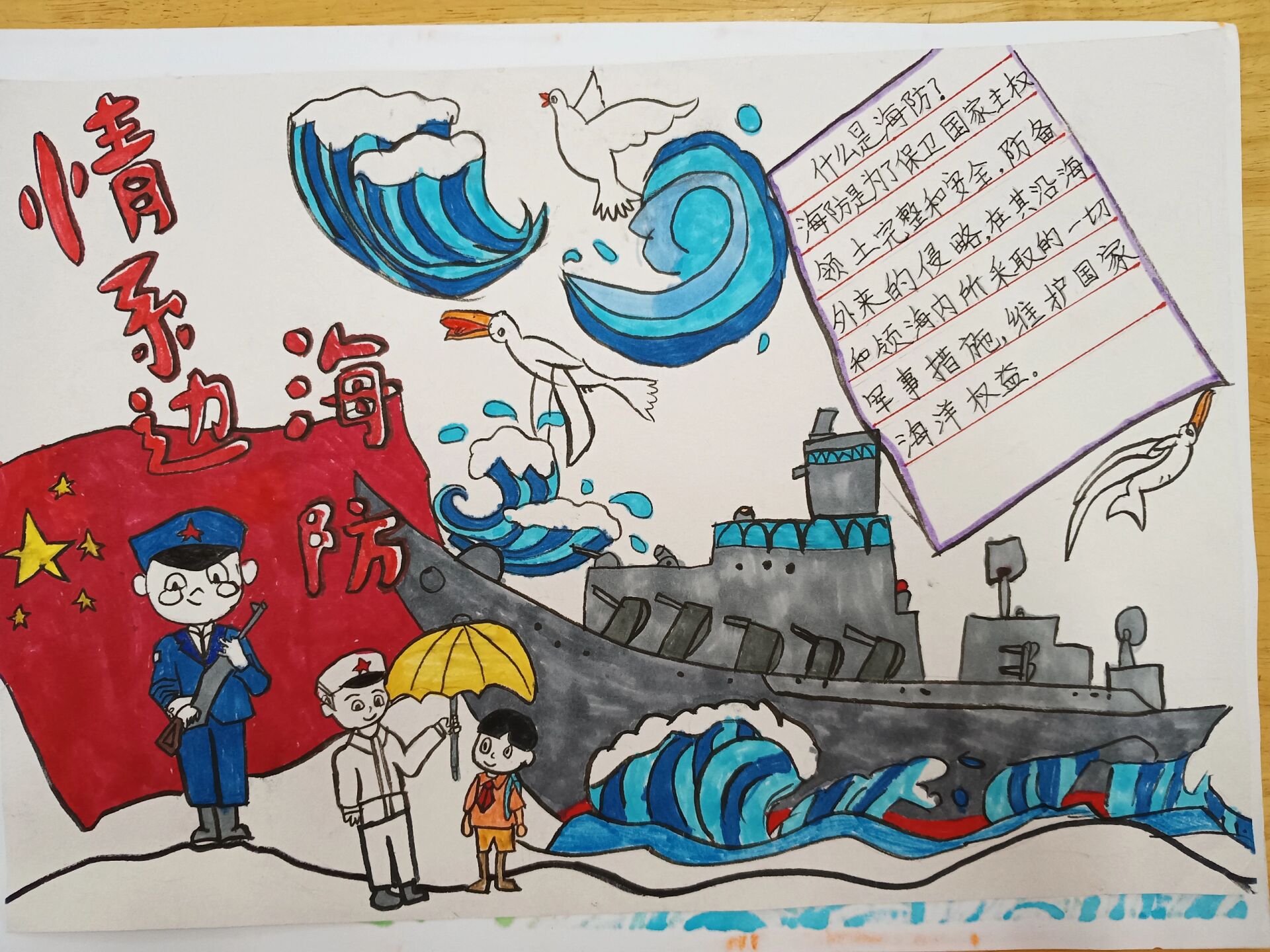 双拥,情系边海防 二年级美术课堂手抄报