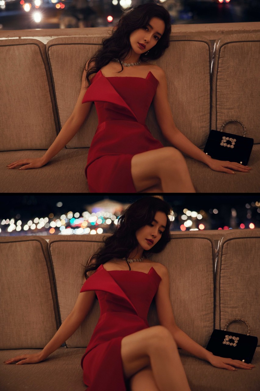 angelababy开衩抹胸红裙写真组图:中国红长裙摇曳点燃浓郁黑夜,赤色