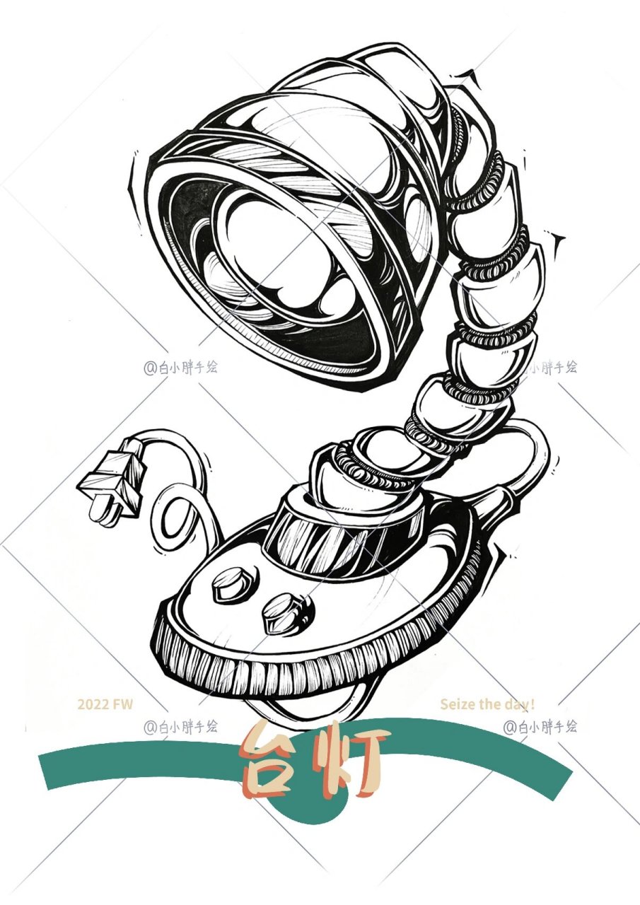 黑白创意单体—台灯 夸张透视的台灯,台灯柱还可以引用到铁链的画法哦