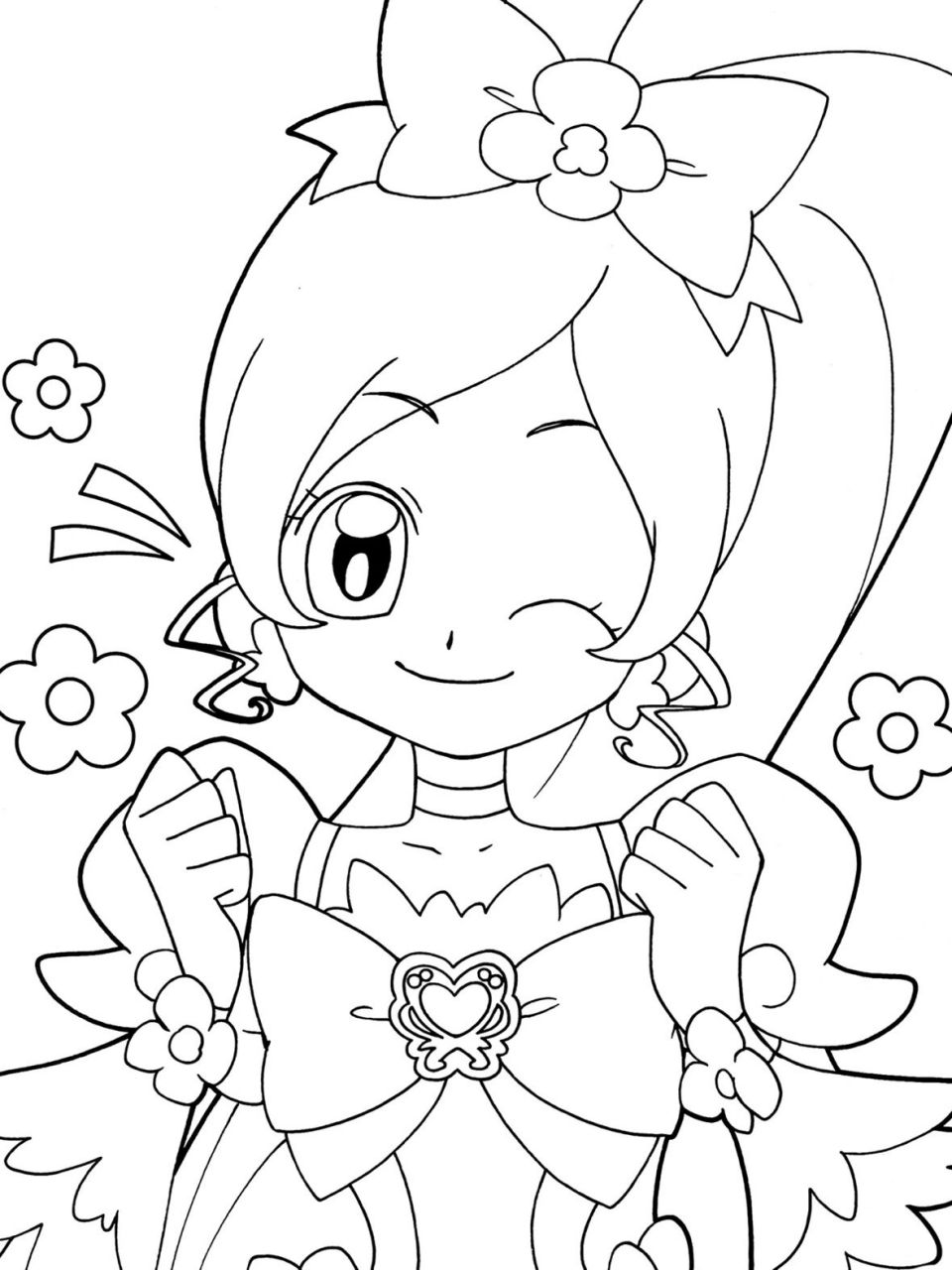 小女孩黑白涂色简笔画