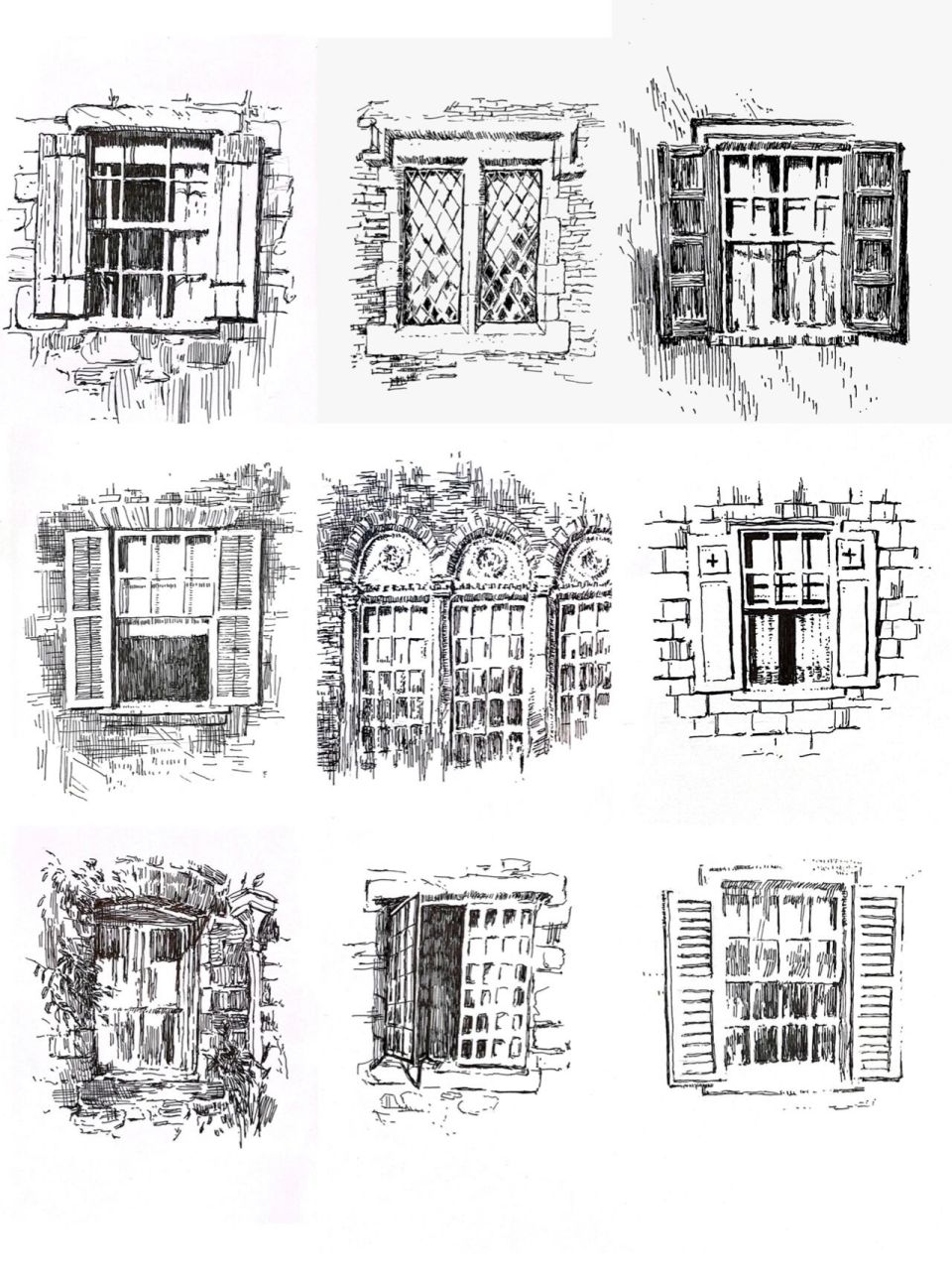 钢笔画速写-窗户合集 终于把这一页的窗户都画完了 画窗户最重要的是