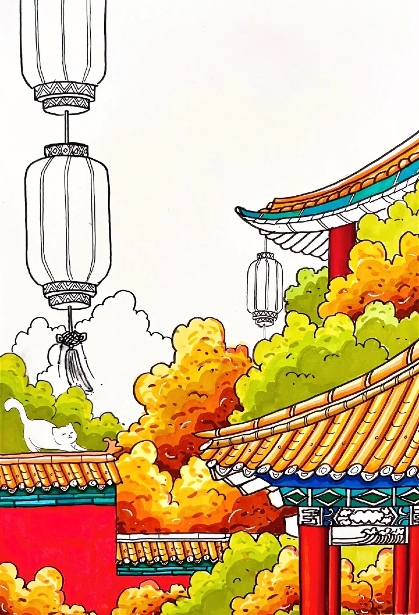 原创国风马克笔绘画『故宫之秋』