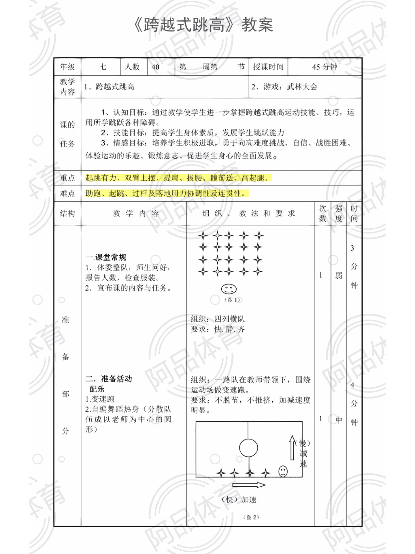 初中体育教案《跨越式跳高