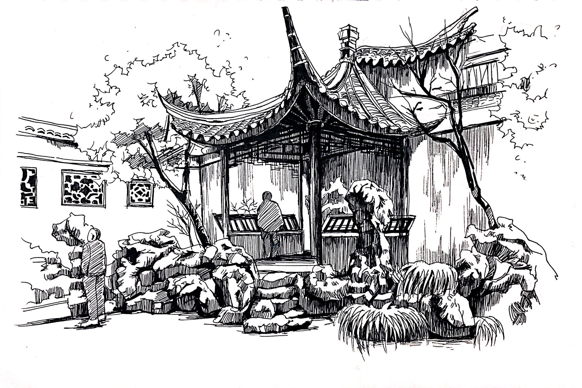 黑白手绘|古建筑园林速写临摹(附过程图) 有人问,建筑速写该怎么起型