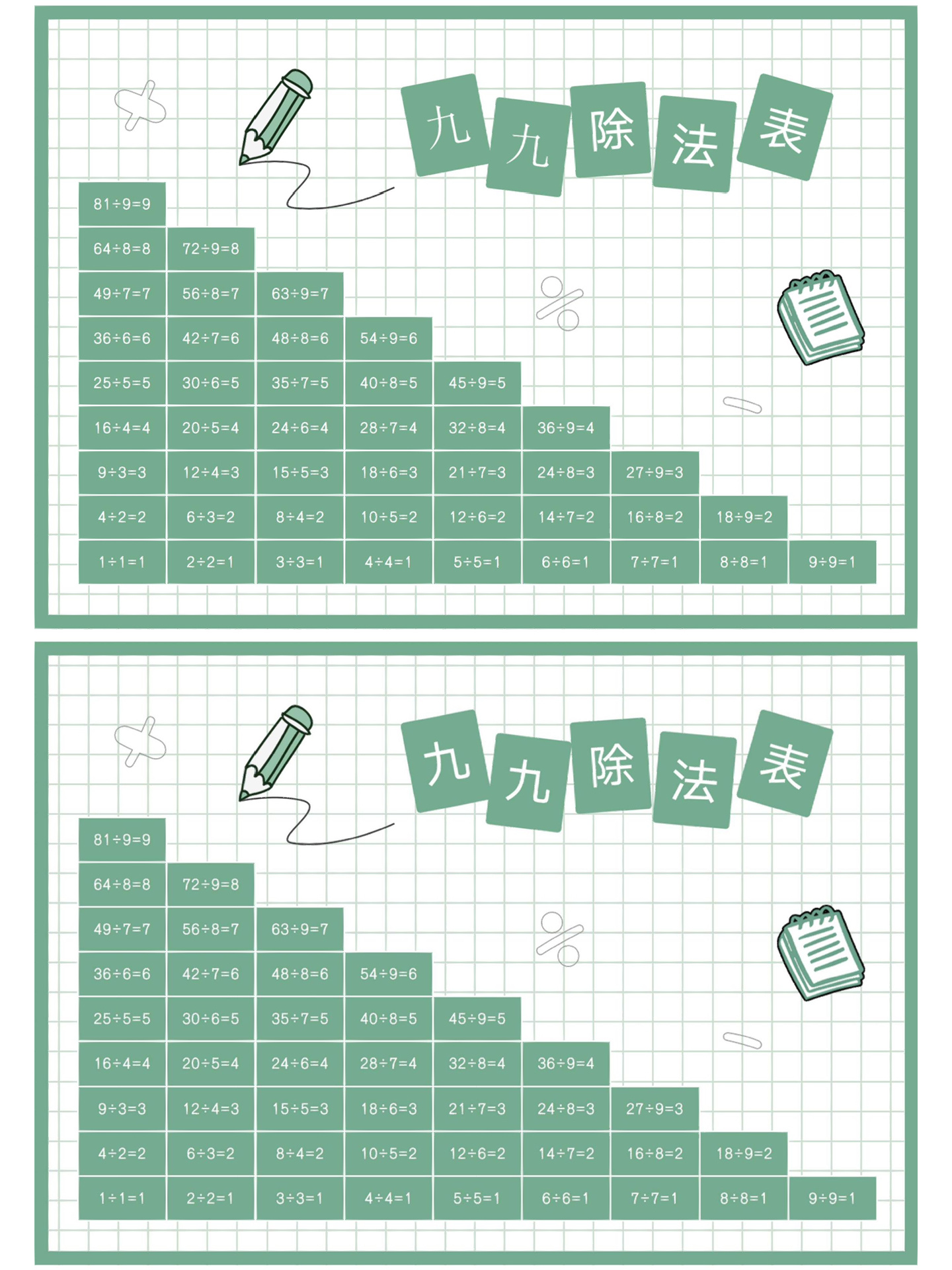 除法口诀表高清大图图片