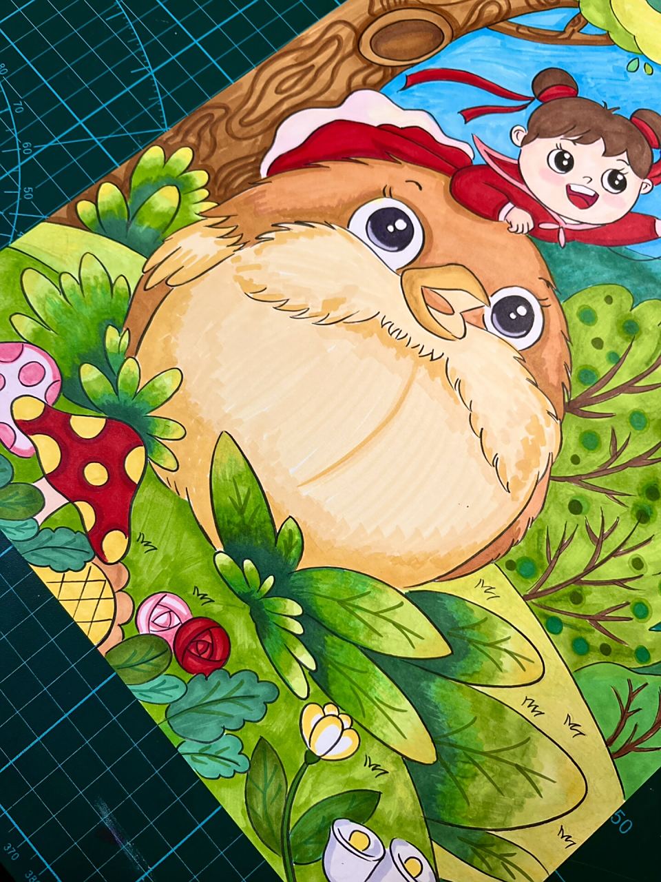 春天来了小女孩放风筝纸鸢马克笔儿童画