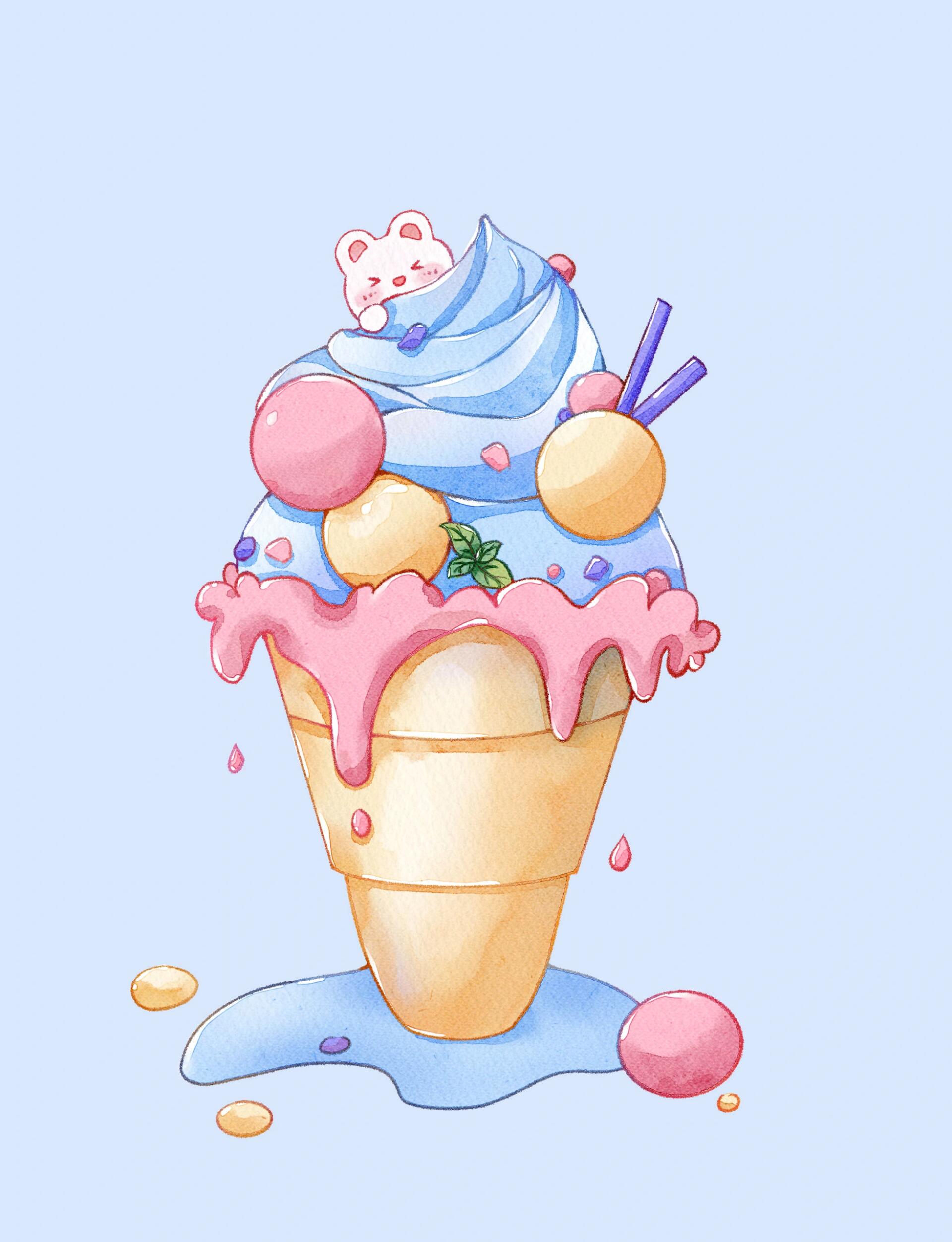90天气太热,吃个冰淇淋降降温解解暑吧～ 原创水彩美食冰淇淋插画
