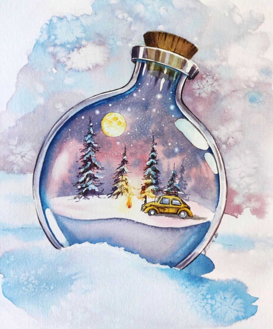 梦幻漂流瓶系列水彩画.