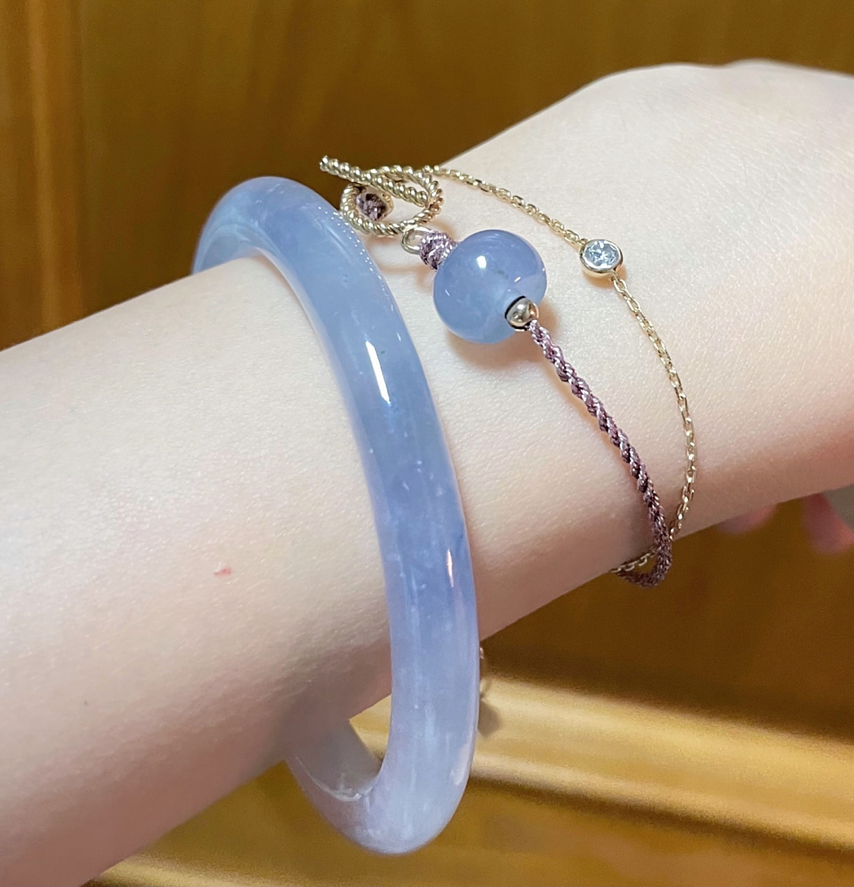 一眼万年的蓝紫翡翠手镯 自珍高冰雪花棉藍紫鐲7615《宸霜》 这样