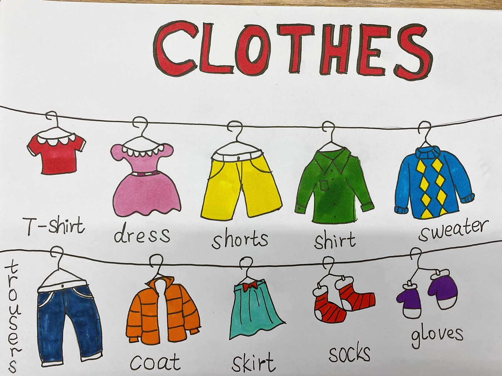 简笔画英文小报,学单词的手抄报 以clothes为主题的手抄报,涂色前vs