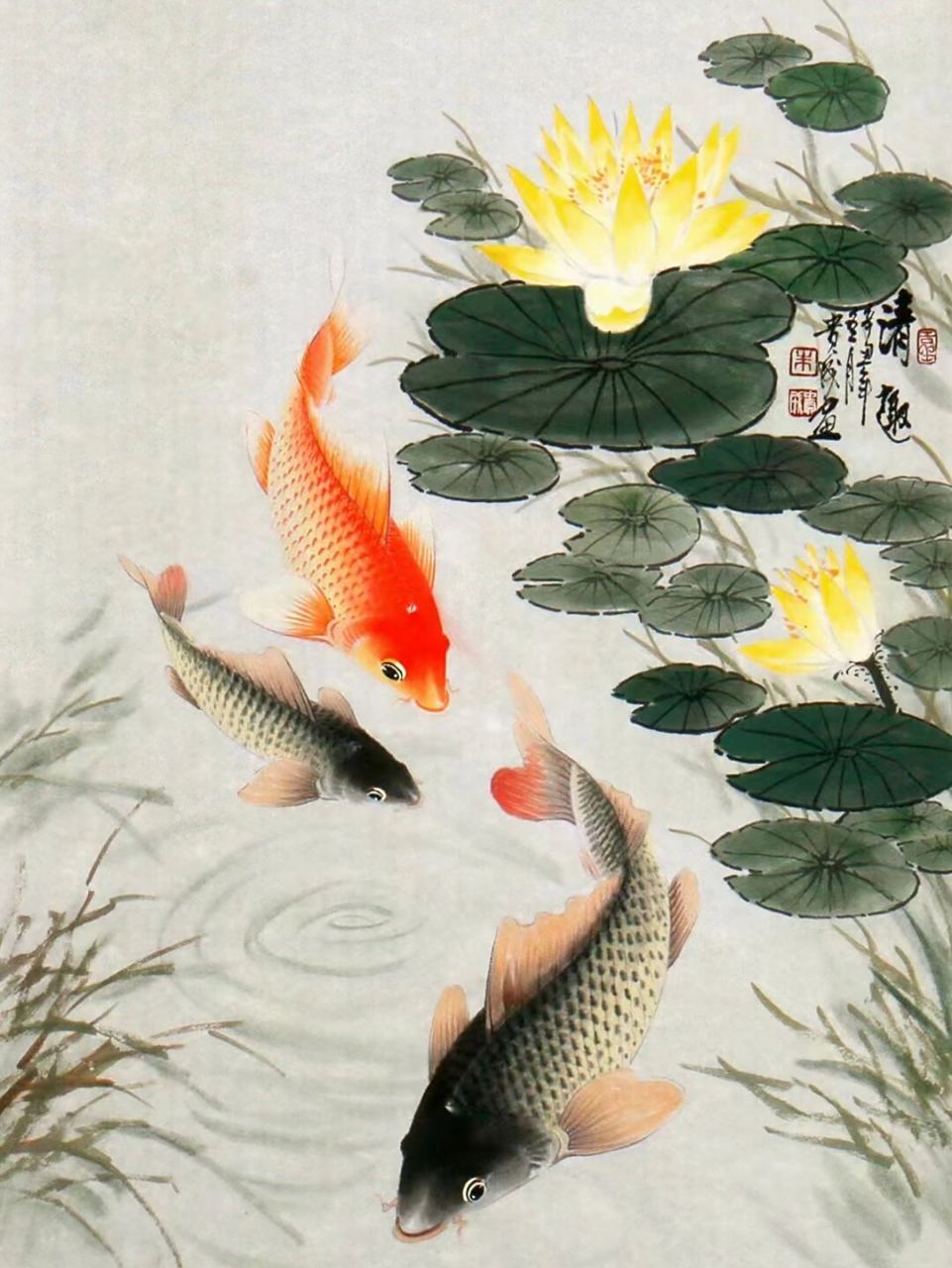 国画鲤鱼 祝各位事业连年有余 家庭和和美美 当代画鲤名家朱贵成精品