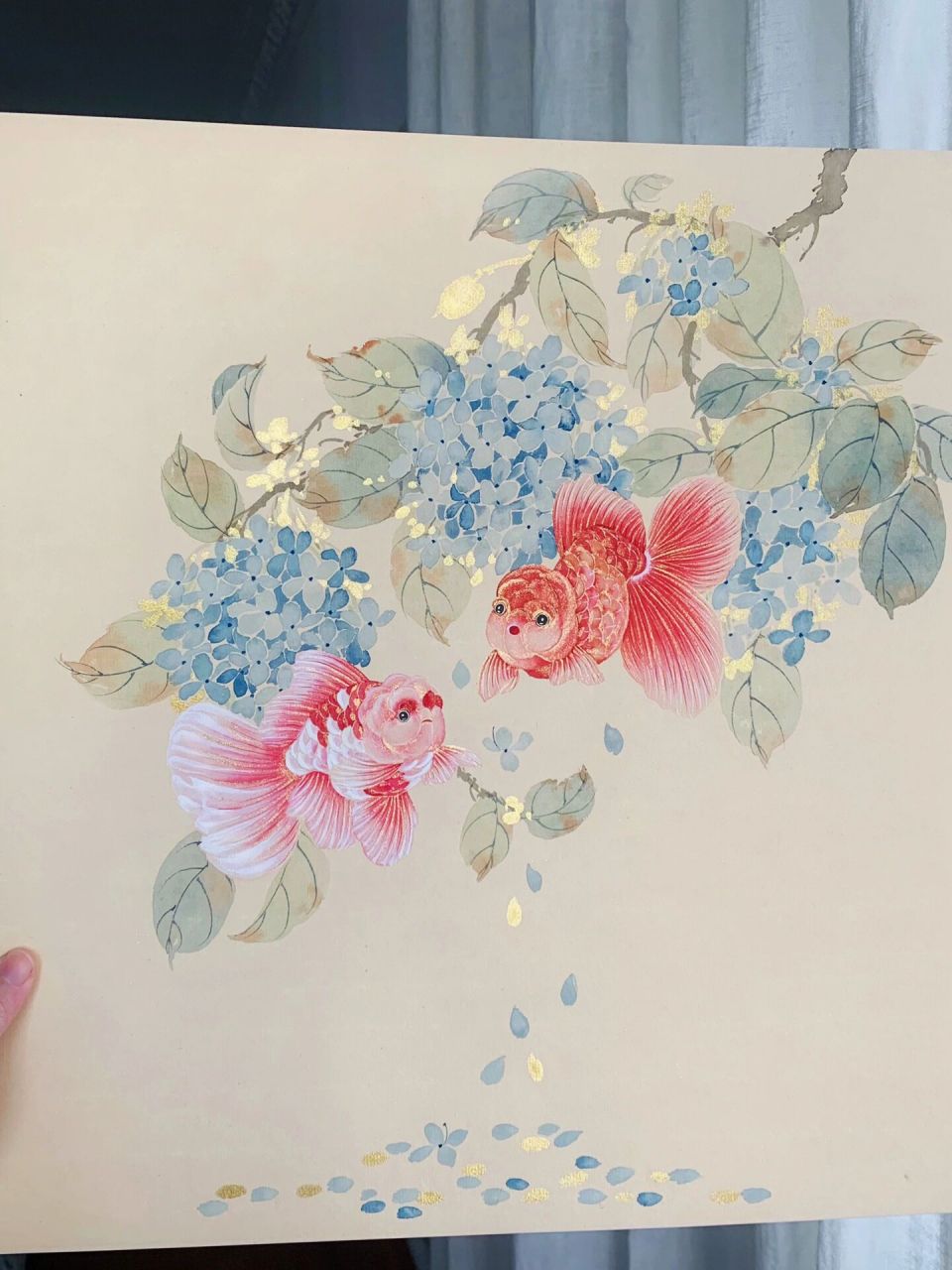 画一幅金鱼 绣球花78国画没骨画法 画一幅蓝色绣球花与金鱼 小金鱼