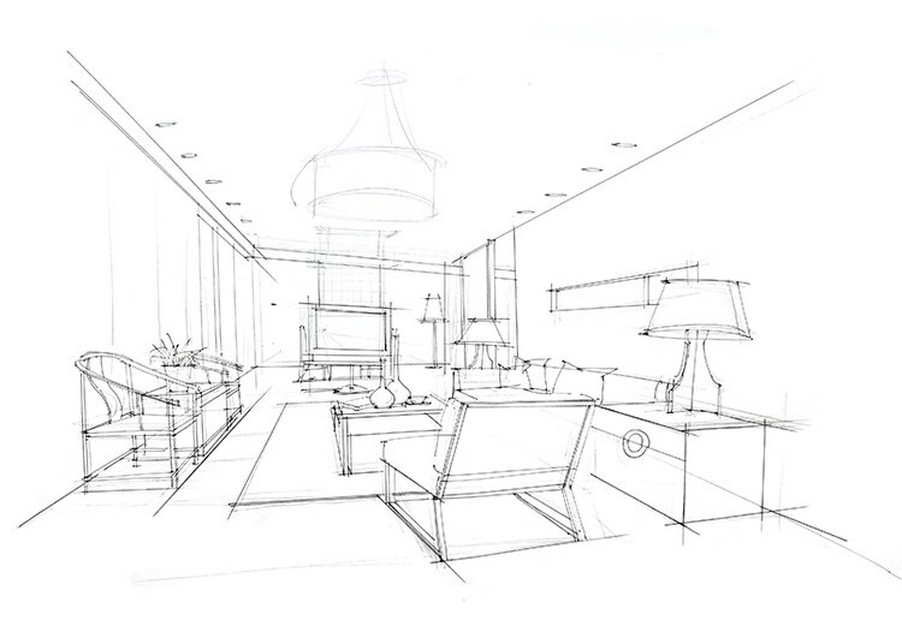 一点斜透视客厅空间手绘线稿画法与步骤 关键词 庐山手绘特训营,室内