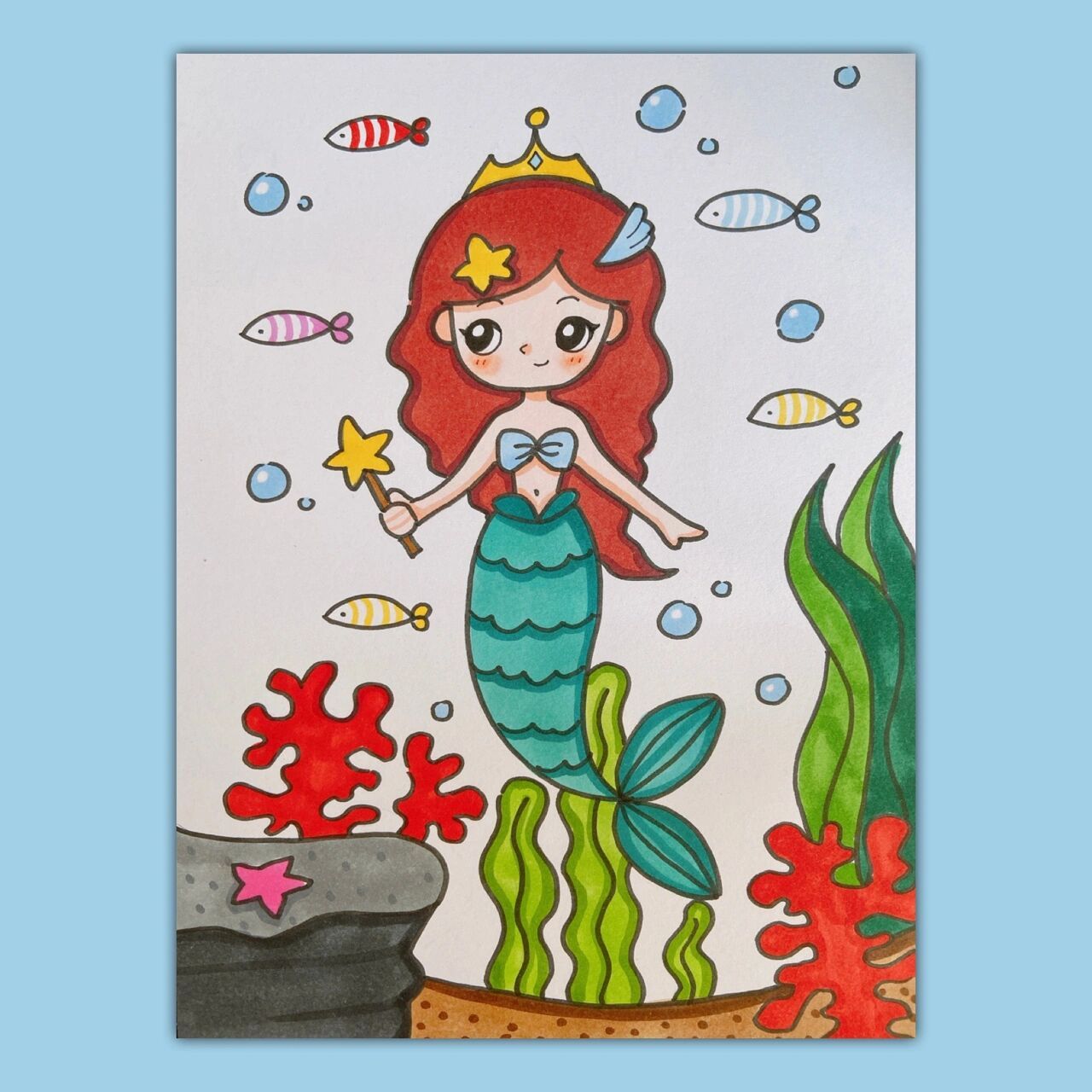 小美人鱼儿童画海底世界简笔画小鱼珊瑚海洋