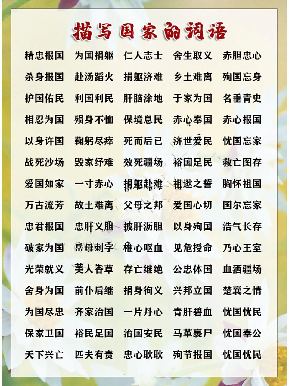 98好词积累‖描写爱国情怀的四字词语 今天搜集一波