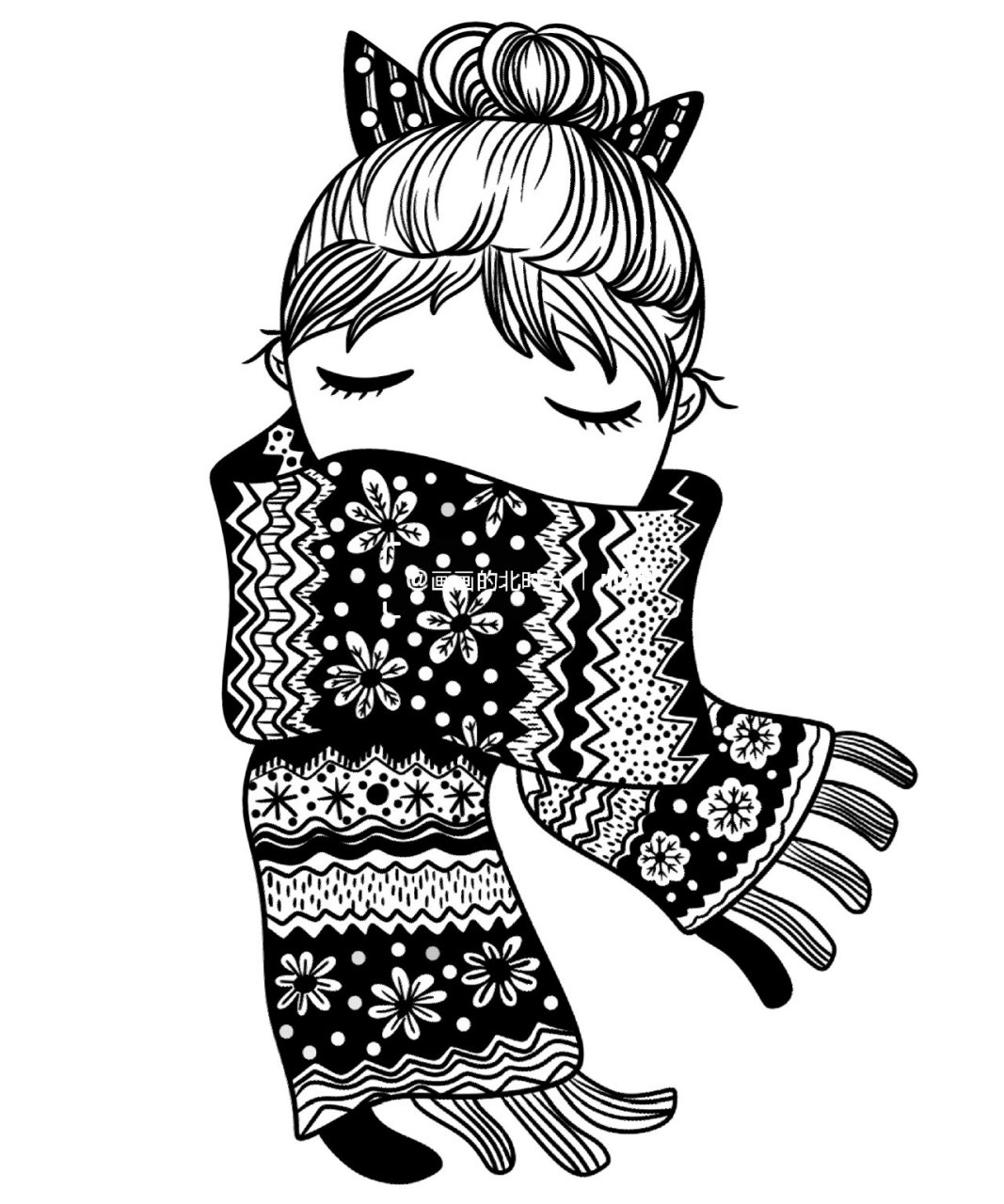 入门级线描画《冬季系列》合集 临摹一套冬日系列线描画 《温暖的围脖