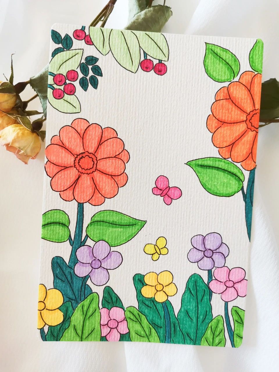 小朋友也能画的春天主题画 工具: 300g中粗纹水彩纸 油性马克笔 针管