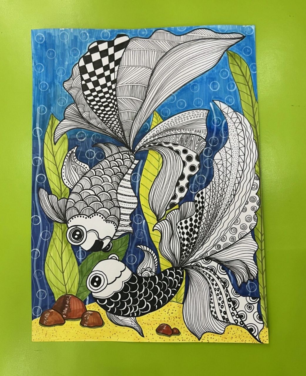 手绘 少儿线描 马克笔金鱼儿童绘画水底海底