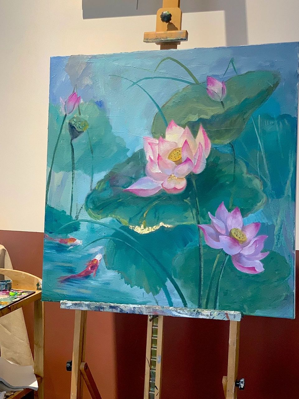 油画原创|荷花锦鲤 夏天到了 荷花也开啦 尺寸:70.