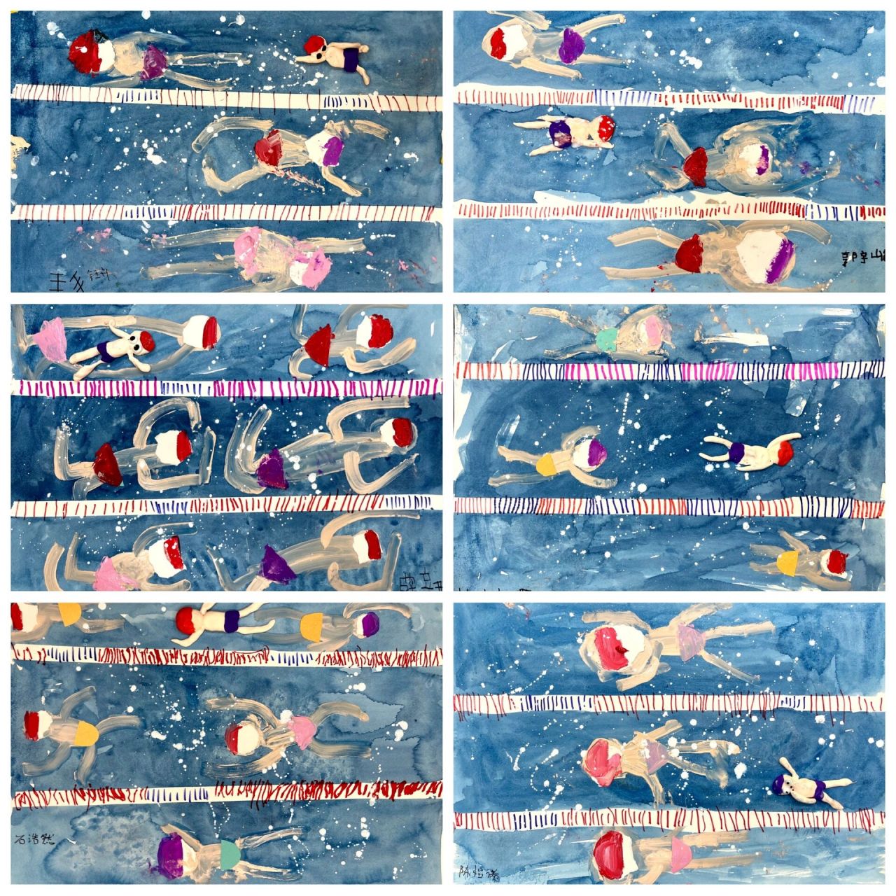 然后水彩晕染背景(做泳池) 2,每个赛道都可以画游泳90的人,除了用