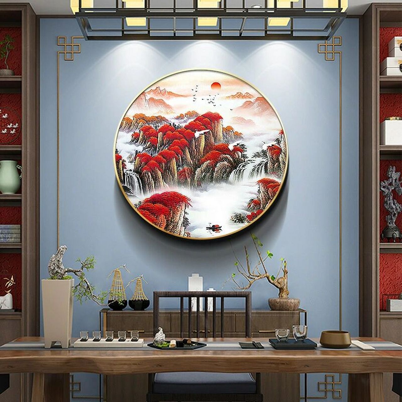 圆形山水画(鸿运当头) 鸿运当头装饰画新中式客厅沙发背景壁画玄关