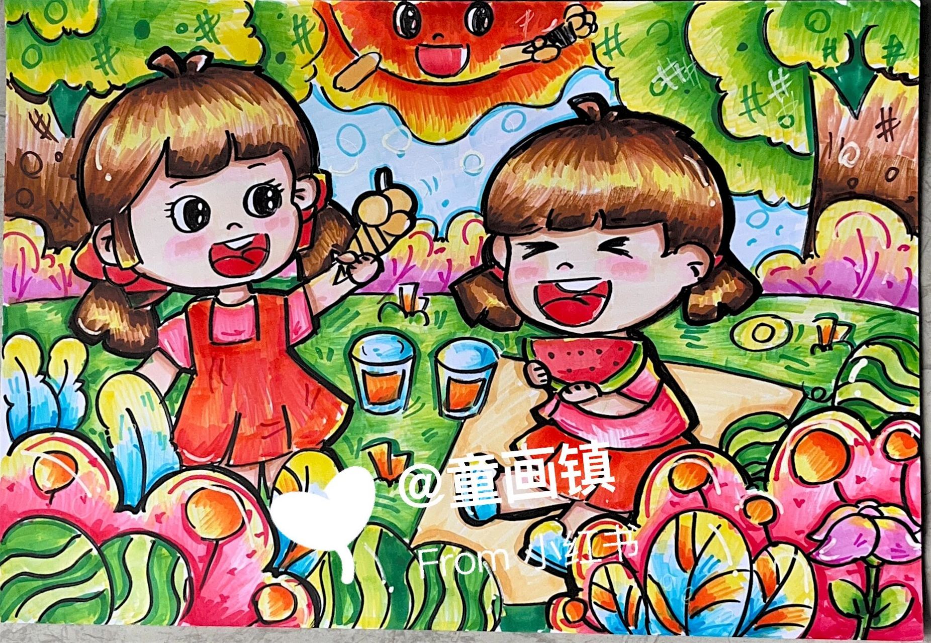 学前教育幼师儿童主题画《快乐假期》  纸:8k马克纸 笔:英雄勾线笔