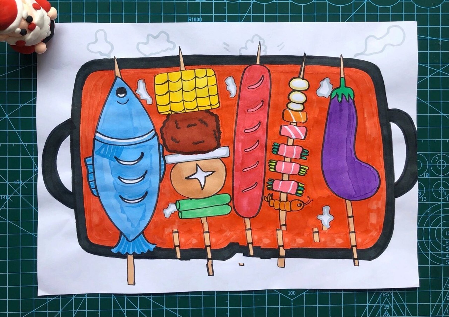 儿童画《美味的烧烤》 香喷喷的烧烤来啦～ 添加上好吃美味的食材,让