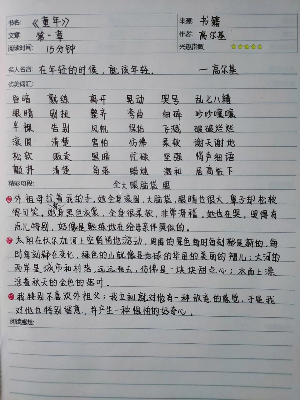 读书笔记(一) 高尔基《童年》 读书笔记,好词好句,名人名言摘抄 每日
