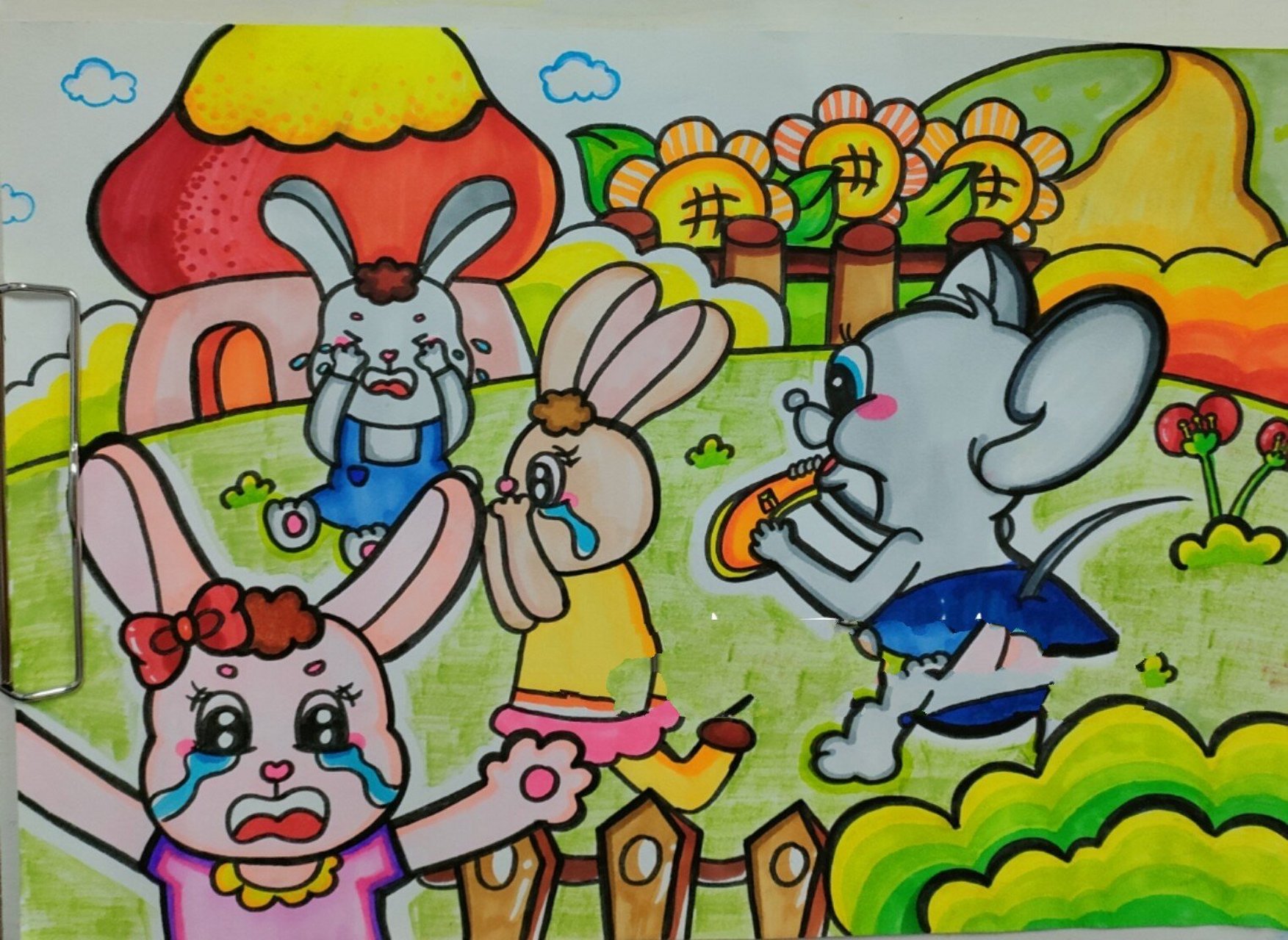 ②儿童画《小老鼠吹哨子》 离100幅儿童画还差98幅