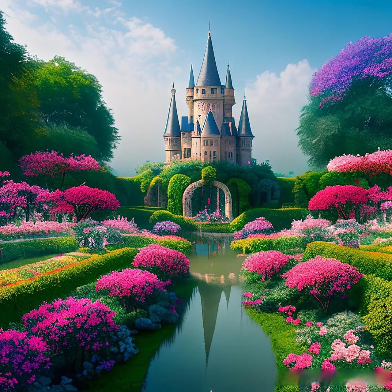 河边矗立着一座迷人的西欧风格城堡,仿佛来自童话故事般的美景.