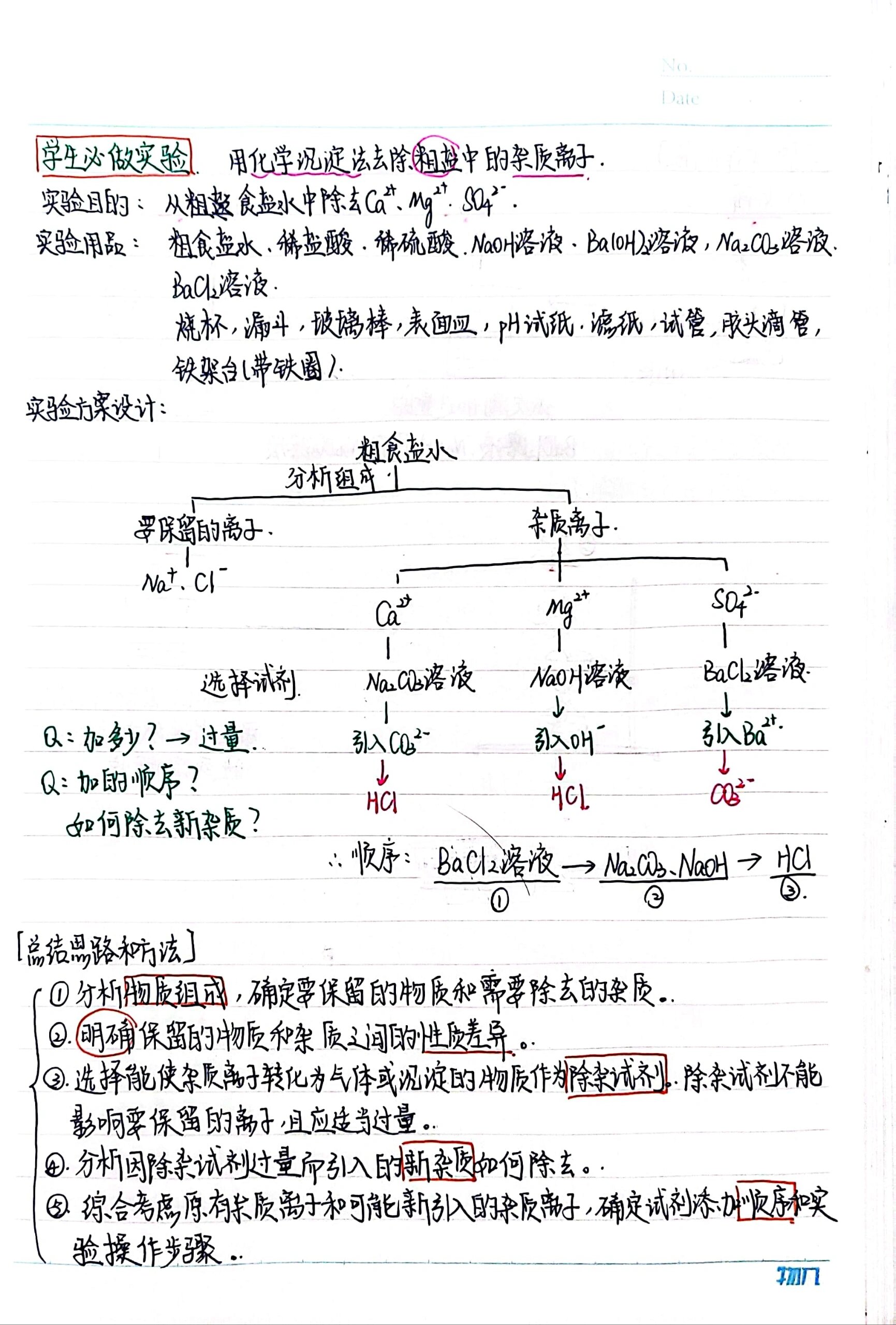 高中化学必修① 粗盐提纯实验手写笔记94