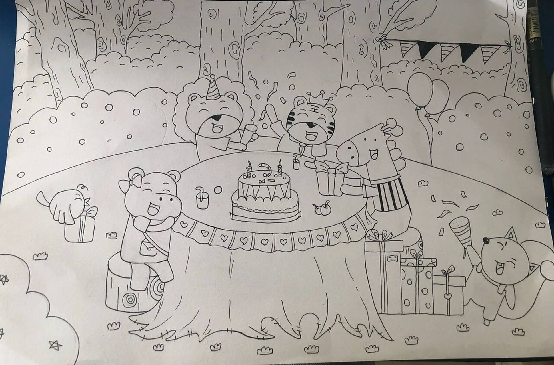 动物生日聚会简笔画 太密了 只画了线稿 懒得上色了