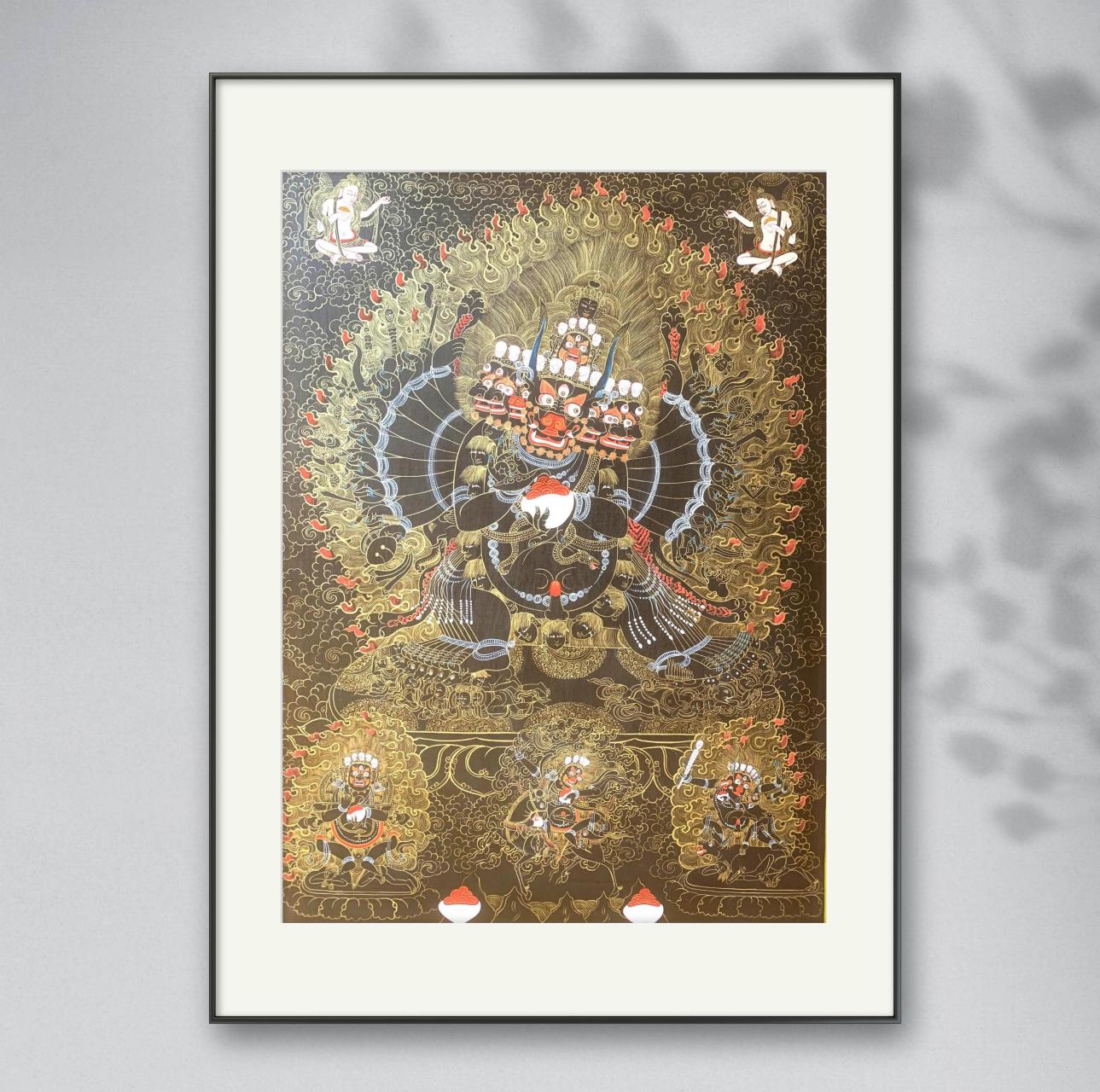 这是藏传佛教宁玛派的独勇大威德金刚,是青海热贡画师用24k金颜料画的
