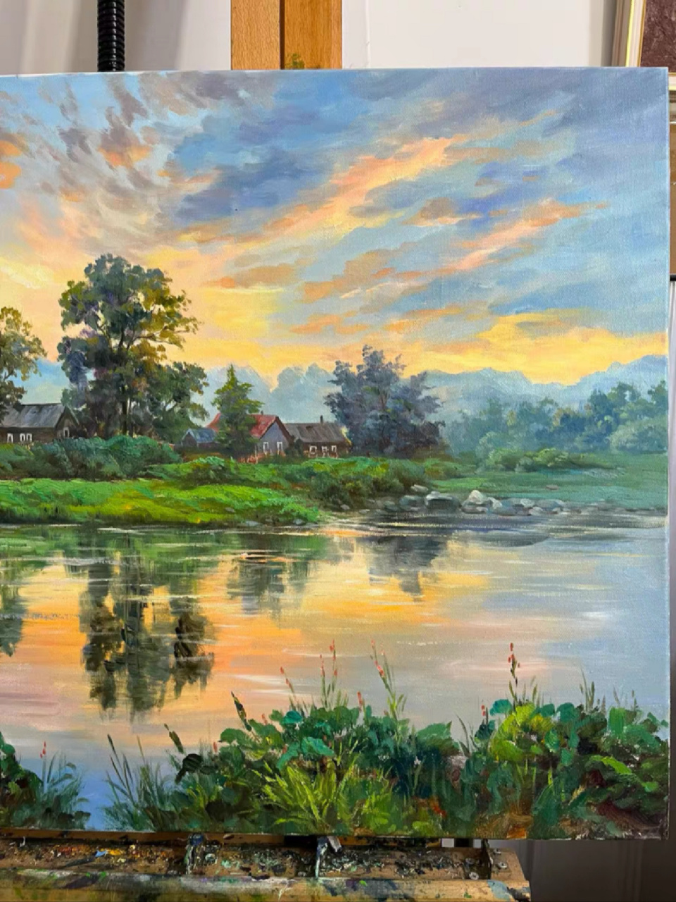 风景油画《湖边乡村风光》 纯手绘油画 湖边乡村风景画60×90厘米,带