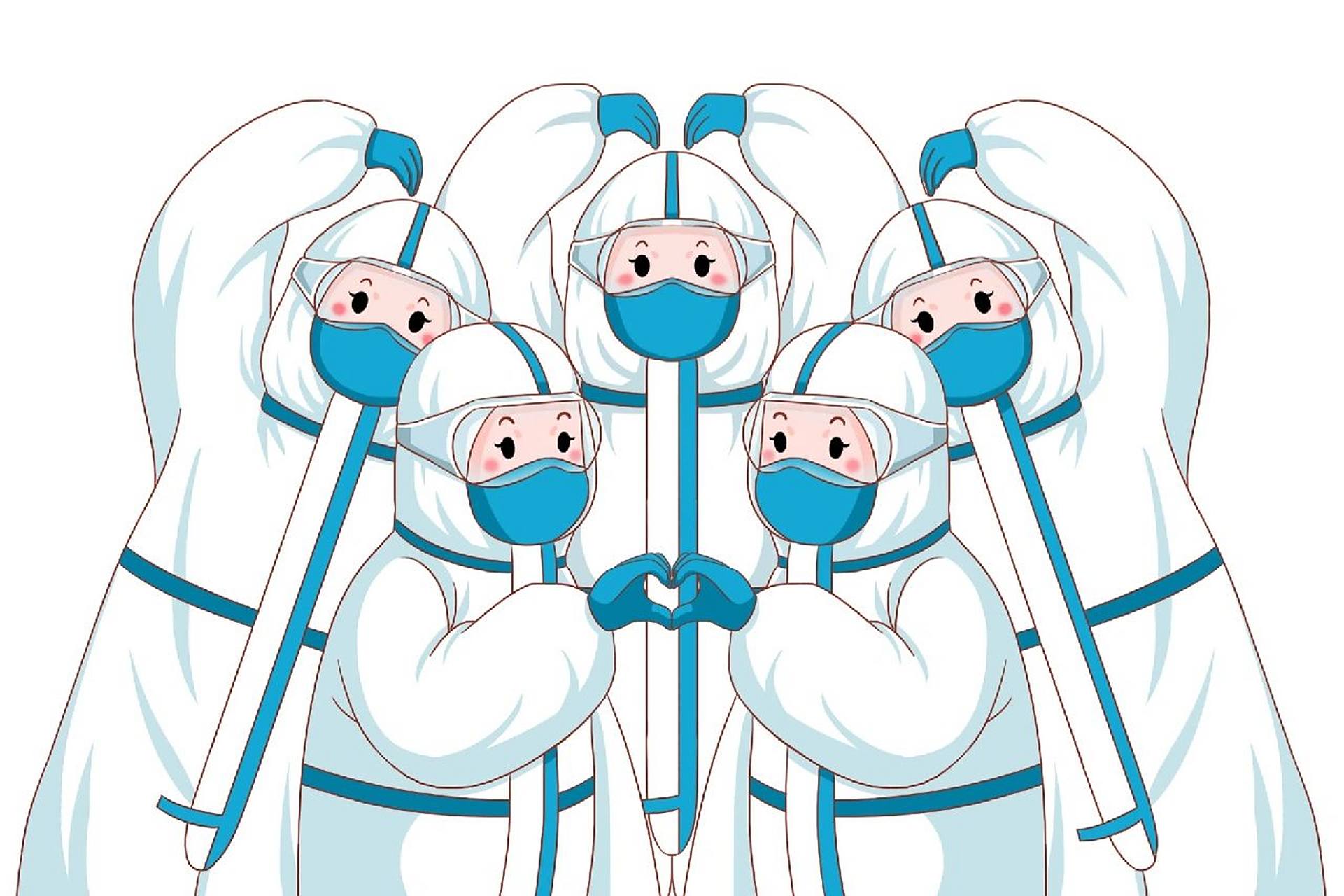 人员穿着防护服比心大合照抗击疫情 97医生防护人员加油打气插画