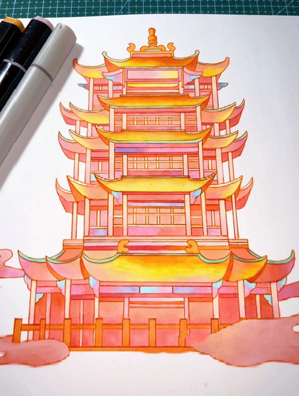 马克笔手绘|武汉94标志建筑-黄鹤楼 万能建筑元素-黄鹤楼 适用于