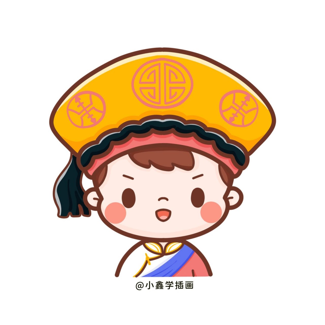 简笔插画|q版土族人物 土族服饰 土族男子 常头戴檐上锦缎的白毡帽,是