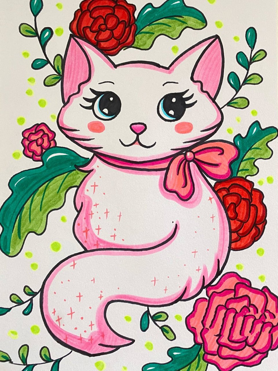 儿童画-猫咪 半临摹作品,本来是要画猫咪家族的,应了孩子的要求画了