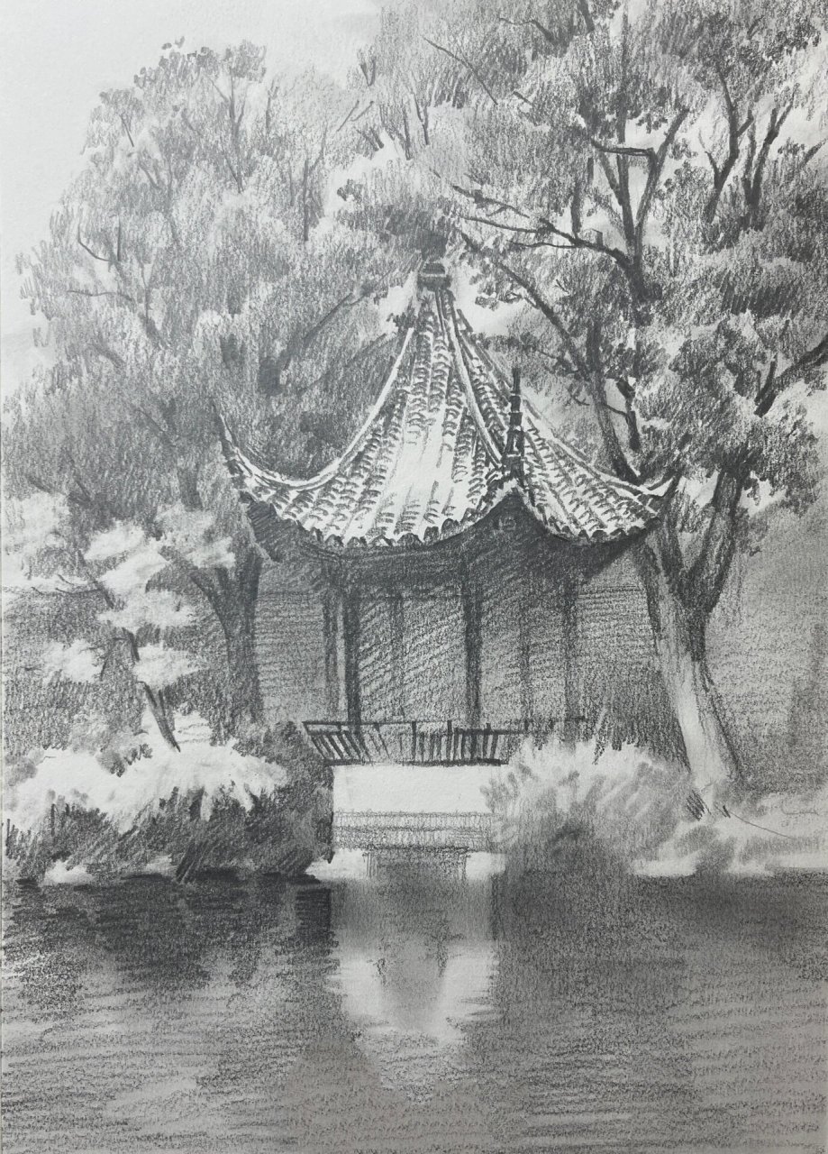 风景素描|夏日园林一角～附步骤图 园林美景祝大家周末愉快