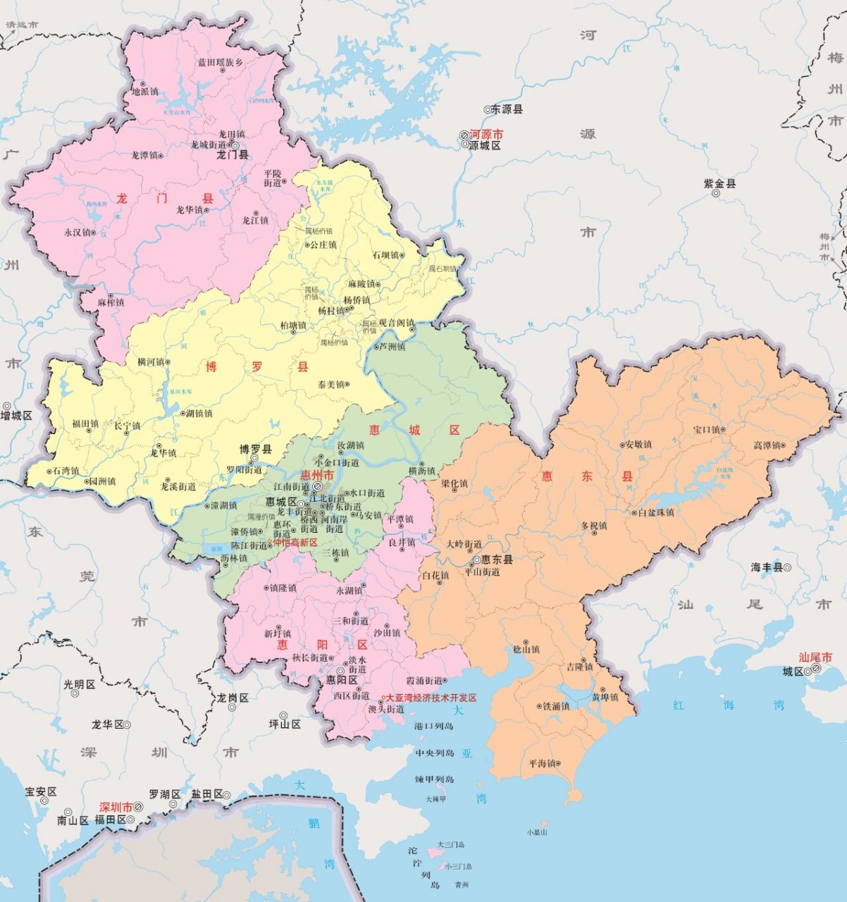 惠州市地图(1994年-2003年) 惠阳市撤市设区后,惠城区与惠阳区重新