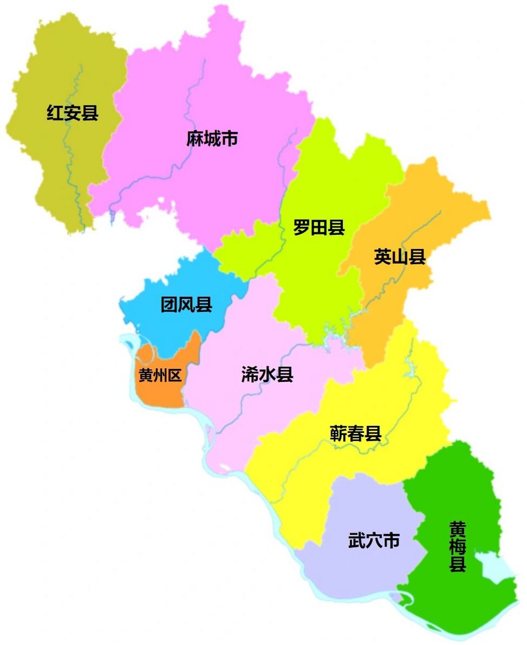 黄冈全市划分为 1个区:黄州区 7个县:团风县,浠水县,罗田县,英山县
