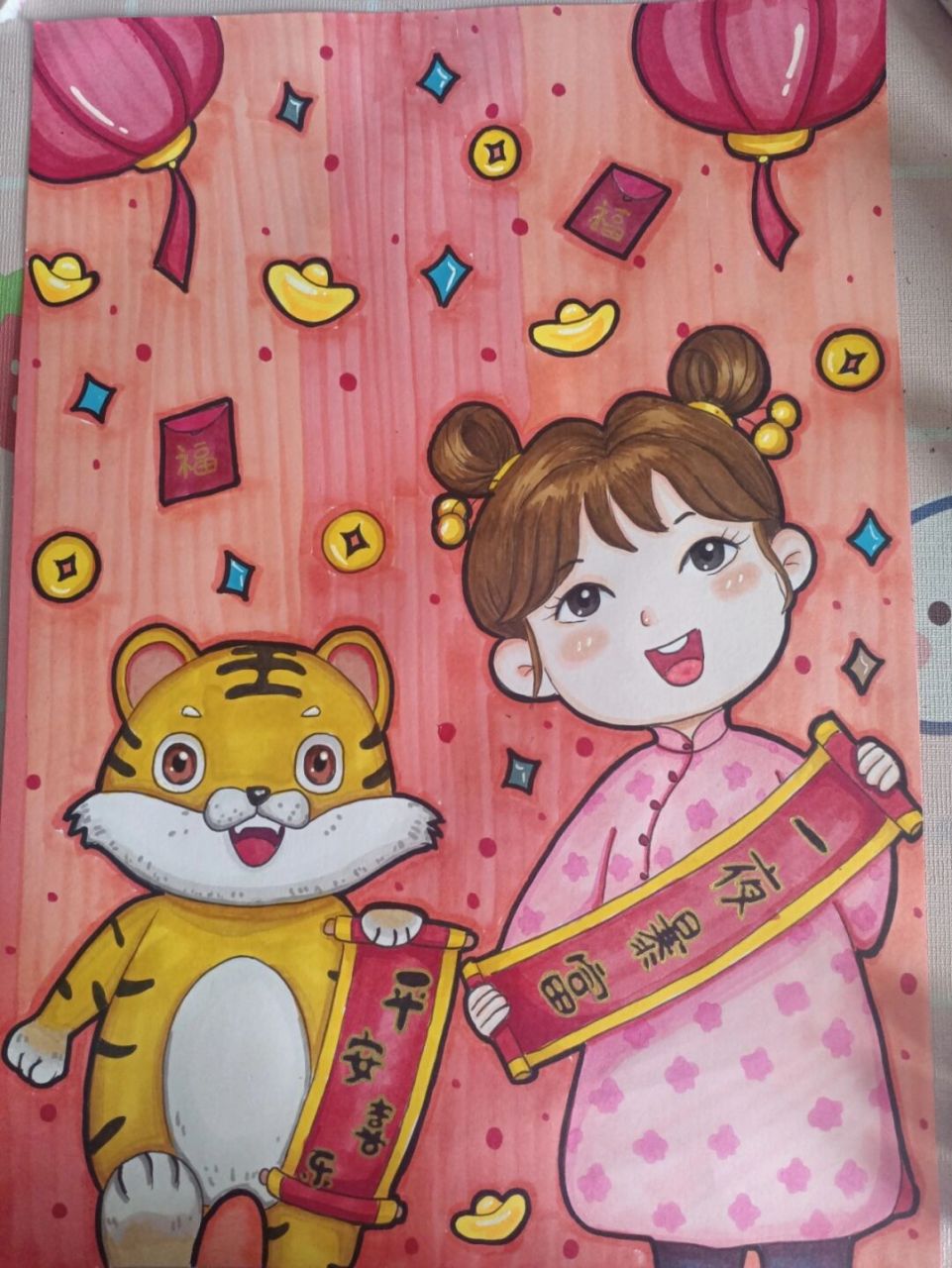 超简单的元旦新年春节主题画 #马克笔手绘# #画画# #儿童创意画新年